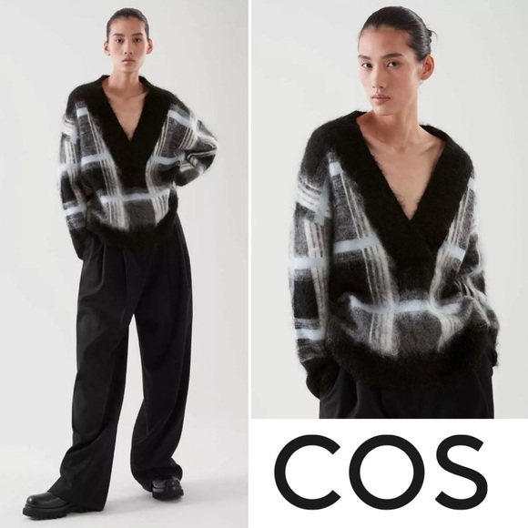 COS Mohair Wool Oversized Plaid Sweater XS V-Neck Slouchy Drop Shoulder Academia - Picture 2 of 16